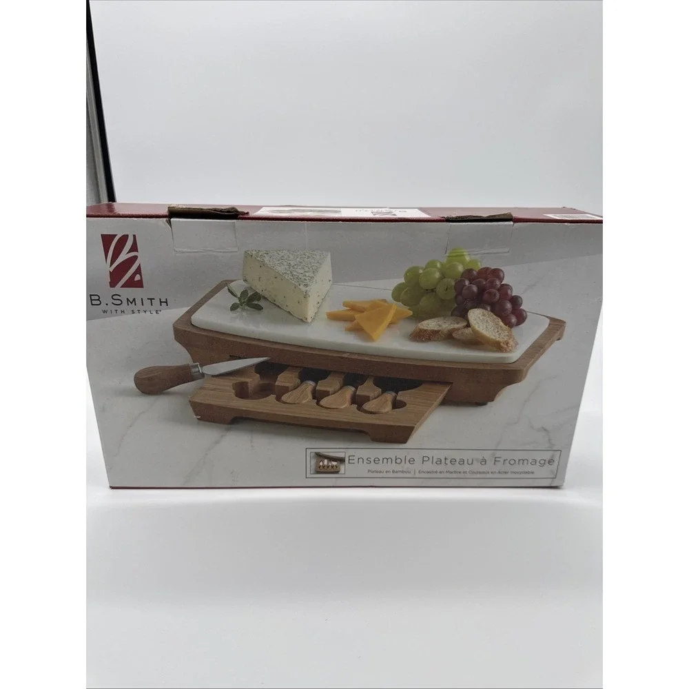 New In Box-B. Smith Cheese Board Set W/Marble Top & Bamboo Tray + 4 Utensils